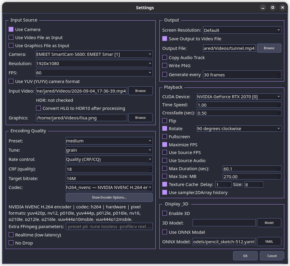 ACMX Settings window with input, output, recording, playback, display, and model options