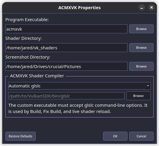 ACMXVK Properties dialog with program, shader, screenshot, and compiler paths