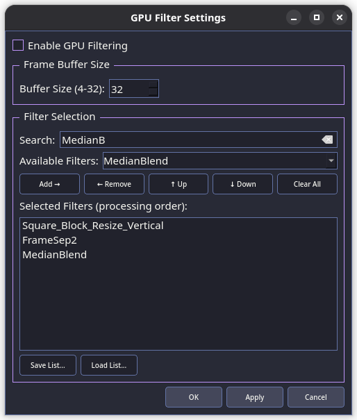 GPU Filter Settings dialog