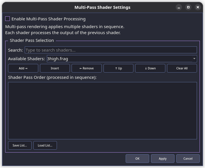 Multi-Pass Shader Settings dialog