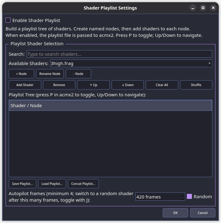 Shader Playlist Settings dialog
