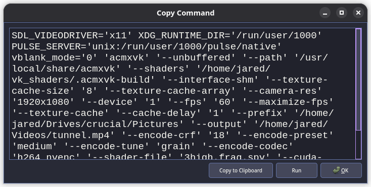 Copy Command dialog showing generated ACMXVK arguments