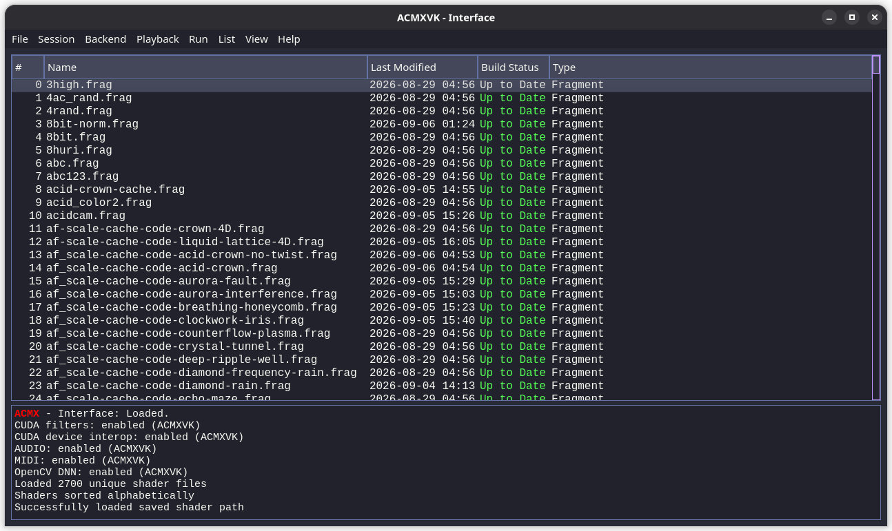 ACMX main interface with a shader library, build status, and runtime log