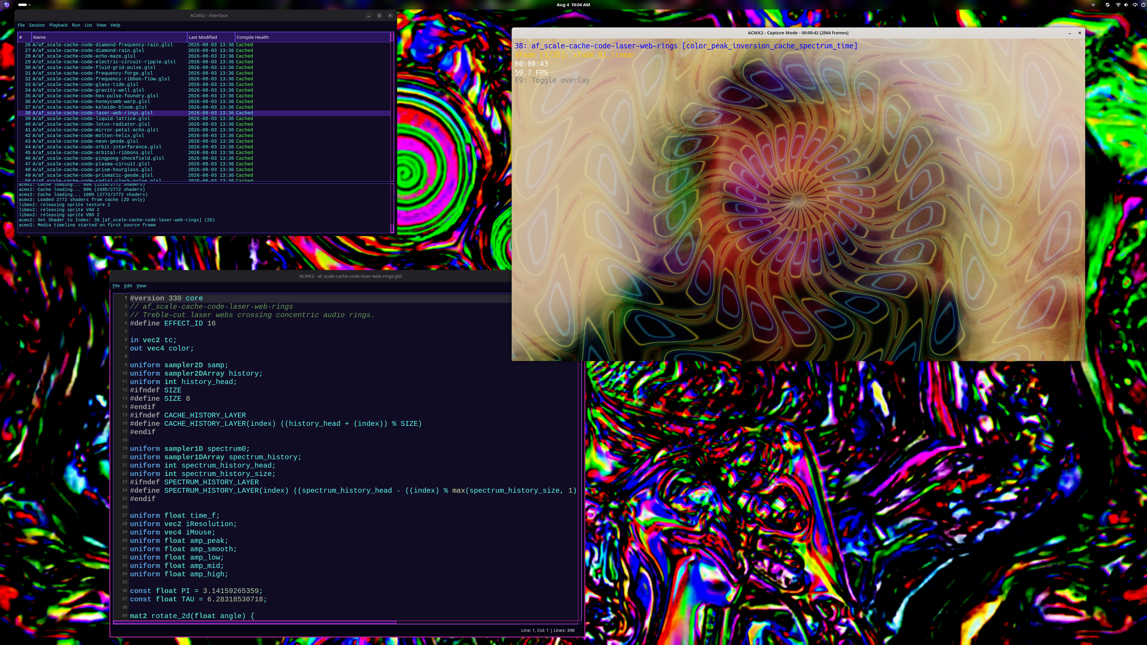 ACMX2 running on Linux with its shader list, live GLSL editor, and colorful real-time video output