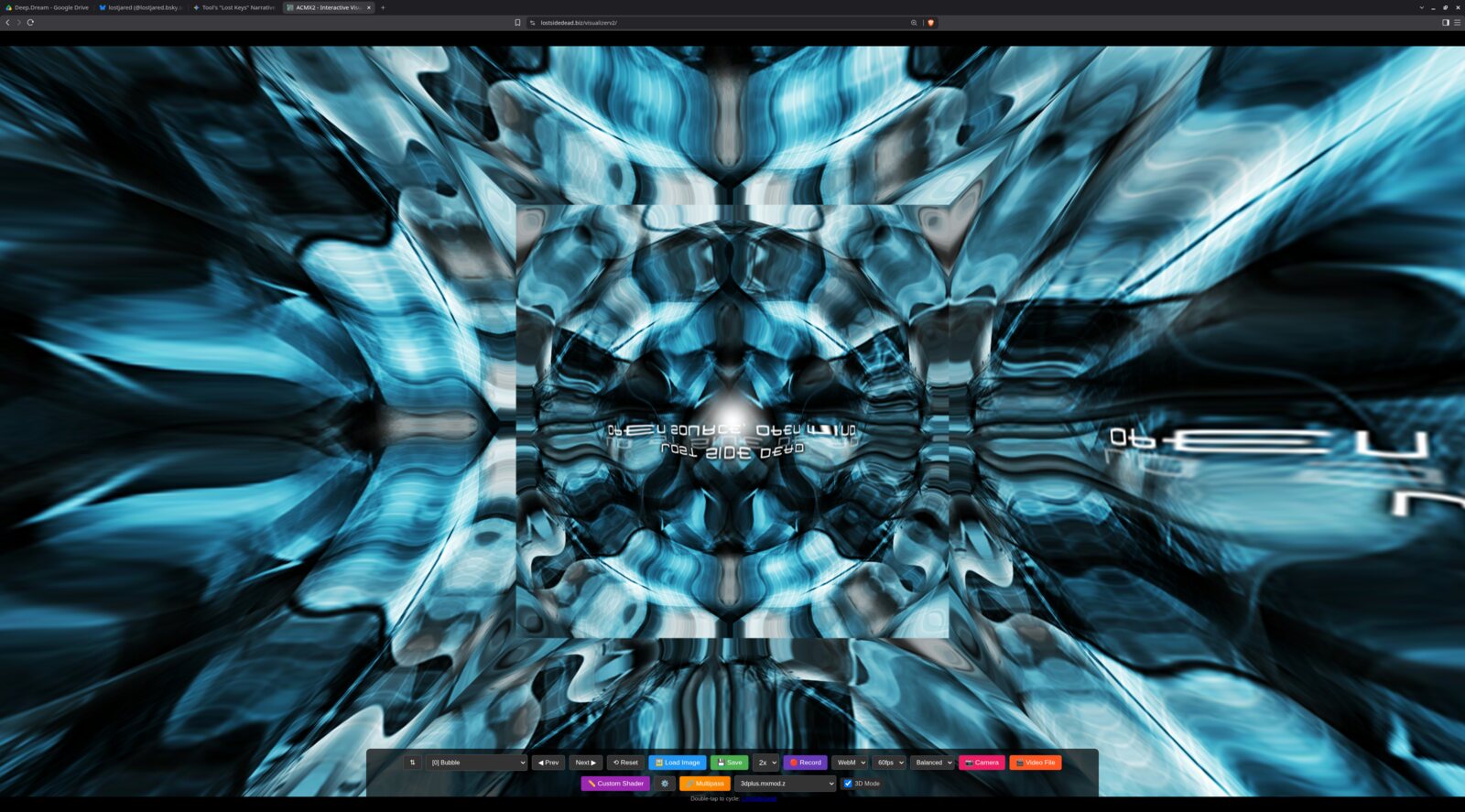 ACMX2 transforming a source into a layered blue abstract image with its live controls visible