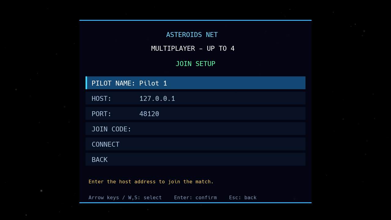 The Asteroids Net join setup screen
