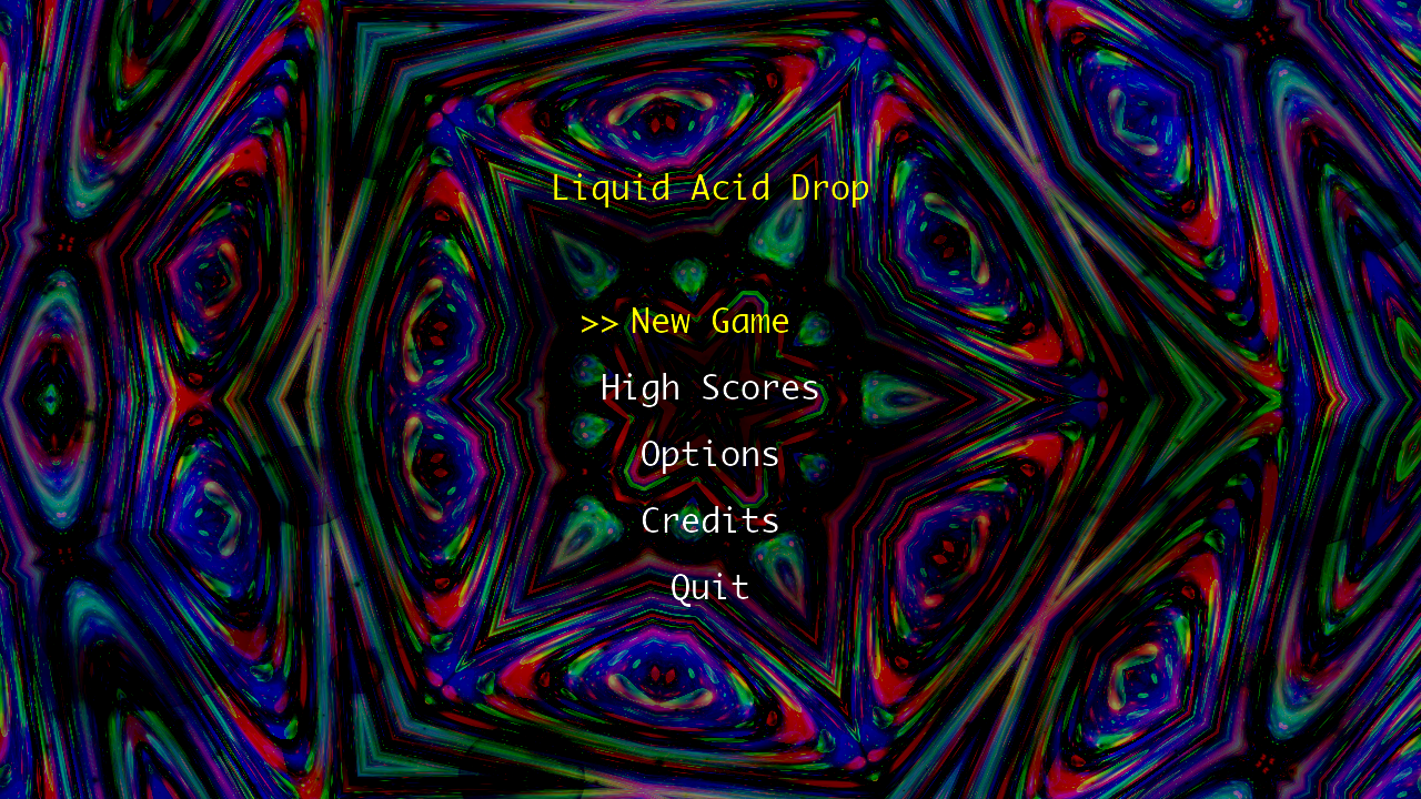 Liquid Acid Drop — Gameplay showing the puzzle grid with colorful falling blocks and psychedelic shader backgrounds