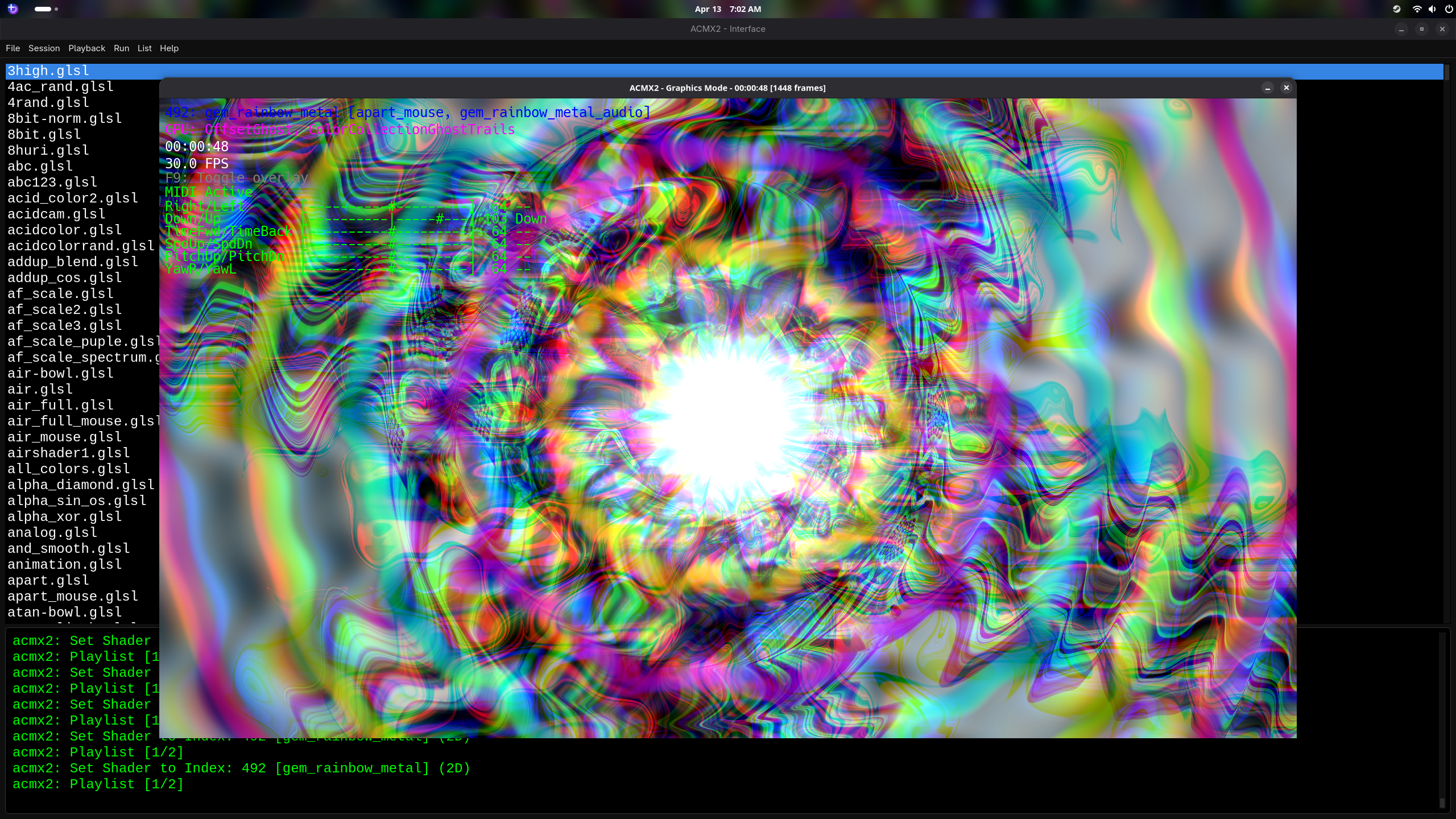 A vivid layered abstract image being created in ACMX2